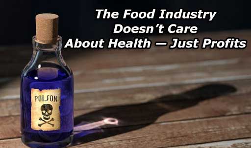 An image of a vial with liquid in it and a skull and crossbones on it to represent the toxic food industry problems.