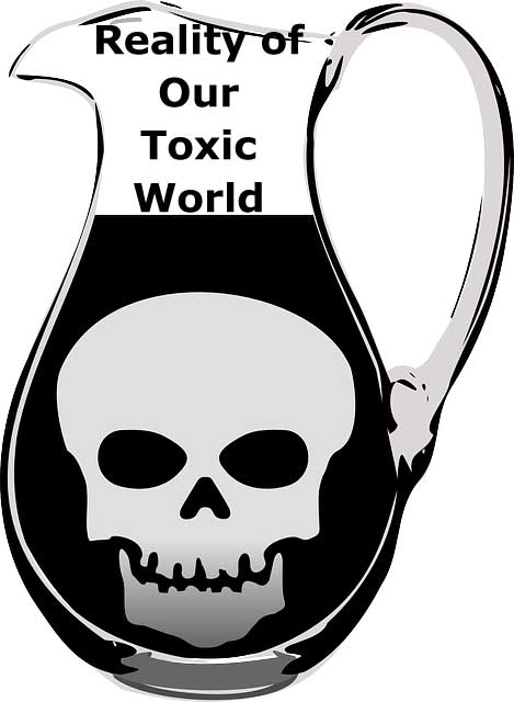 An image of a full glass pitcher with a skull on it to represent dangerous toxins and discuss the effects of toxins.