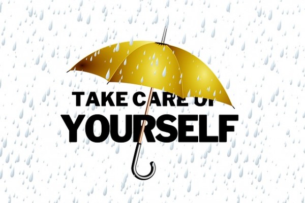 An image of an umbrella blocking rain with words "take care of yourself" under it to discuss self care for stress and pain. 